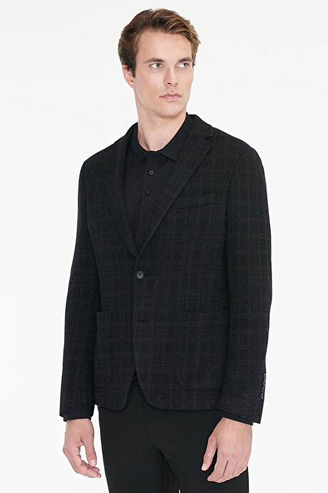 Yünlü Slim Fit Dar Kesim Mono Yaka Torba Cepli Ekose Desenli Siyah Ceket resmi
