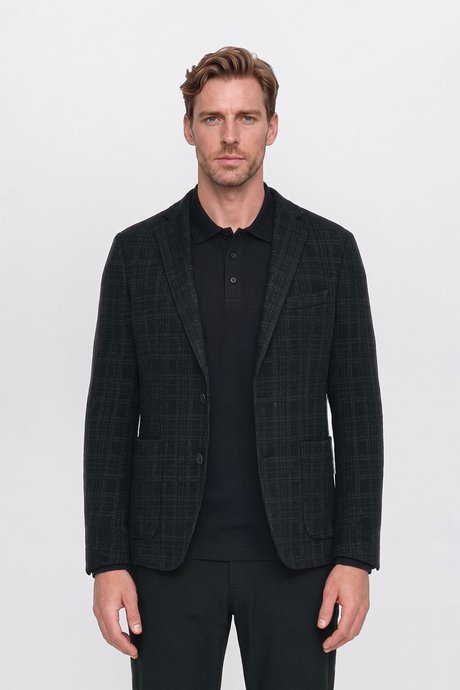 Yünlü Slim Fit Dar Kesim Mono Yaka Torba Cepli Ekose Desenli Siyah Ceket resmi