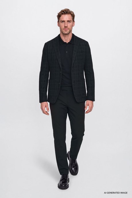 Yünlü Slim Fit Dar Kesim Mono Yaka Torba Cepli Ekose Desenli Siyah Ceket resmi