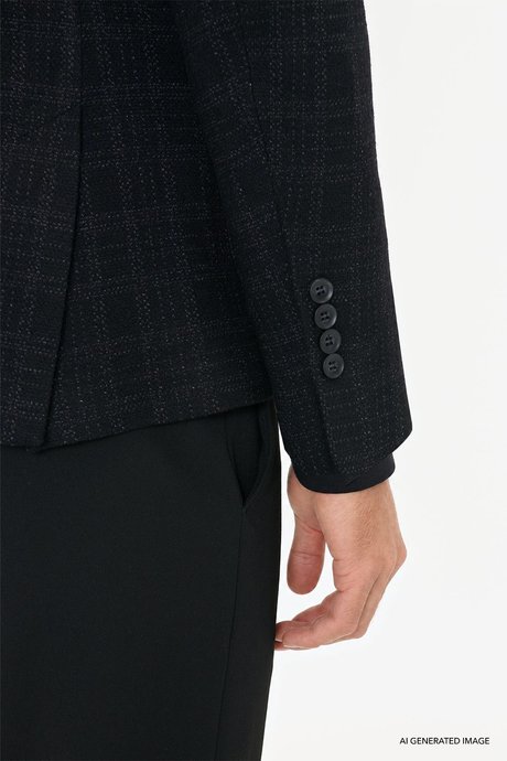 Yünlü Slim Fit Dar Kesim Mono Yaka Torba Cepli Ekose Desenli Siyah Ceket resmi