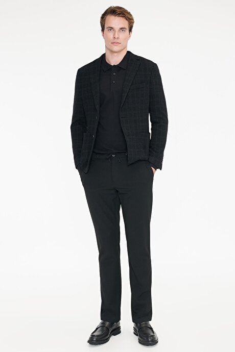 Yünlü Slim Fit Dar Kesim Mono Yaka Torba Cepli Ekose Desenli Siyah Ceket resmi