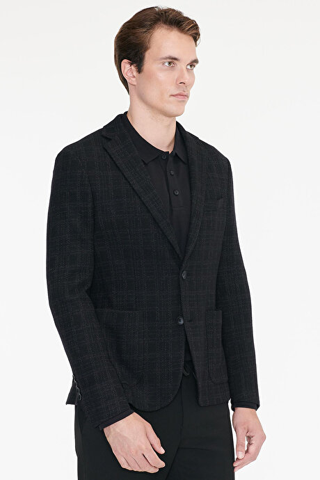 Yünlü Slim Fit Dar Kesim Mono Yaka Torba Cepli Ekose Desenli Siyah Ceket resmi