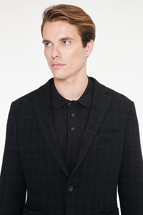 Yünlü Slim Fit Dar Kesim Mono Yaka Torba Cepli Ekose Desenli Siyah Ceket resmi