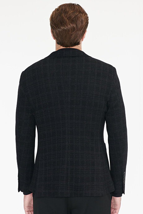 Yünlü Slim Fit Dar Kesim Mono Yaka Torba Cepli Ekose Desenli Siyah Ceket resmi