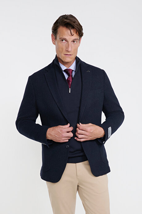Yünlü Slim Fit Dar Kesim Mono Yaka Torba Cepli Desenli Lacivert Ceket resmi