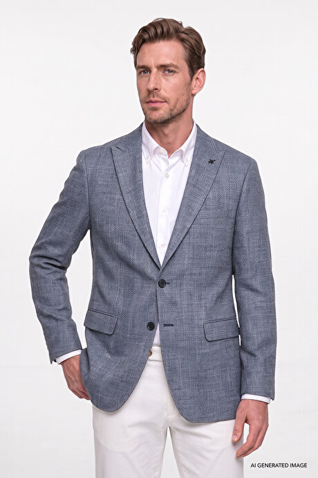 Slim Fit Dar Kesim Kırlangıç Yaka Desenli Kapak Cepli Casual Lacivert Ceket resmi