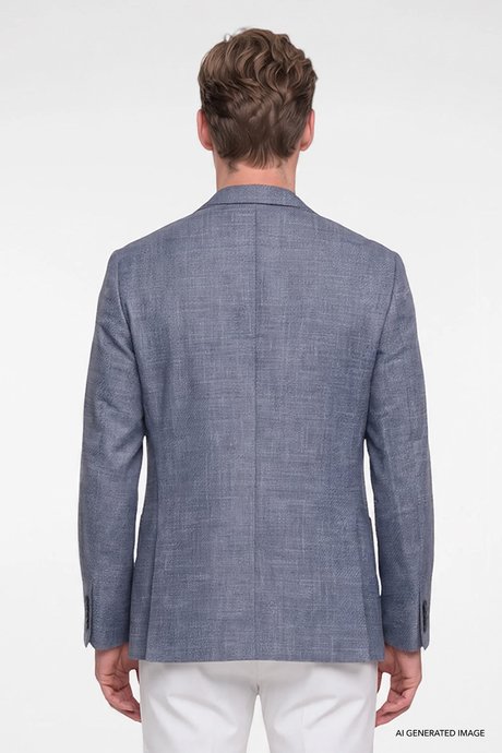 Slim Fit Dar Kesim Kırlangıç Yaka Desenli Kapak Cepli Casual Lacivert Ceket resmi