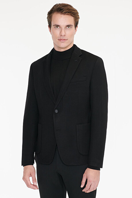 Pamuklu Slim Fit Dar Kesim Mono Yaka Torba Cepli Siyah Ceket resmi