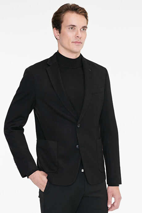 Pamuklu Slim Fit Dar Kesim Mono Yaka Torba Cepli Siyah Ceket resmi