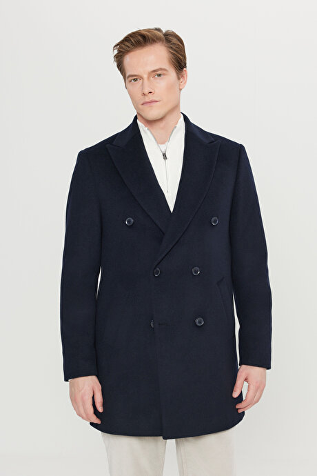 Yünlü Slim Fit Dar Kesim Geniş Kırlangıç Yaka Yan Cepli Diagonal Desenli Lacivert Palto resmi