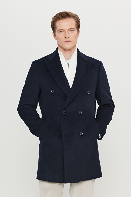 Yünlü Slim Fit Dar Kesim Geniş Kırlangıç Yaka Yan Cepli Diagonal Desenli Lacivert Palto resmi