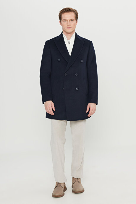 Yünlü Slim Fit Dar Kesim Geniş Kırlangıç Yaka Yan Cepli Diagonal Desenli Lacivert Palto resmi