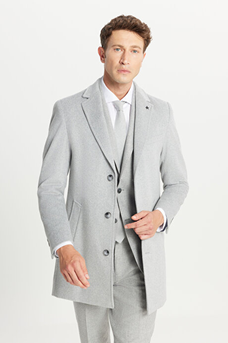 Yünlü Standart Fit Normal Kesim Geniş Mono Yaka Yan Cepli Açık Gri Palto resmi