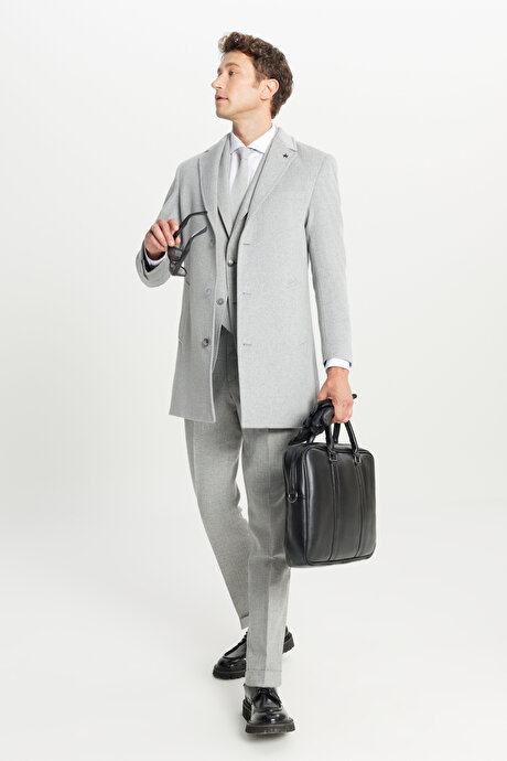 Yünlü Standart Fit Normal Kesim Geniş Mono Yaka Yan Cepli Açık Gri Palto resmi