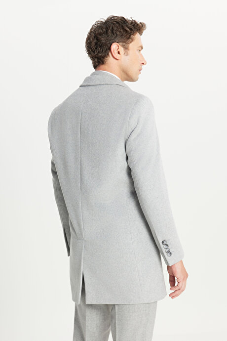Yünlü Standart Fit Normal Kesim Geniş Mono Yaka Yan Cepli Açık Gri Palto resmi
