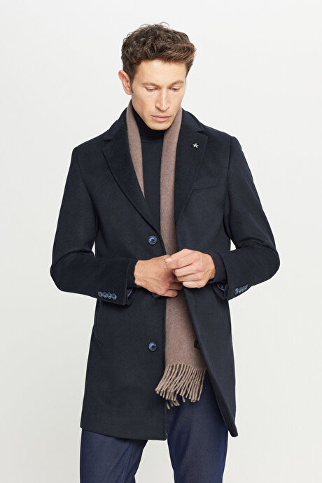 Yünlü Standart Fit Normal Kesim Geniş Mono Yaka Yan Cepli Lacivert Palto resmi