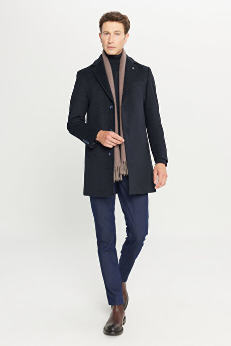 Yünlü Standart Fit Normal Kesim Geniş Mono Yaka Yan Cepli Lacivert Palto resmi