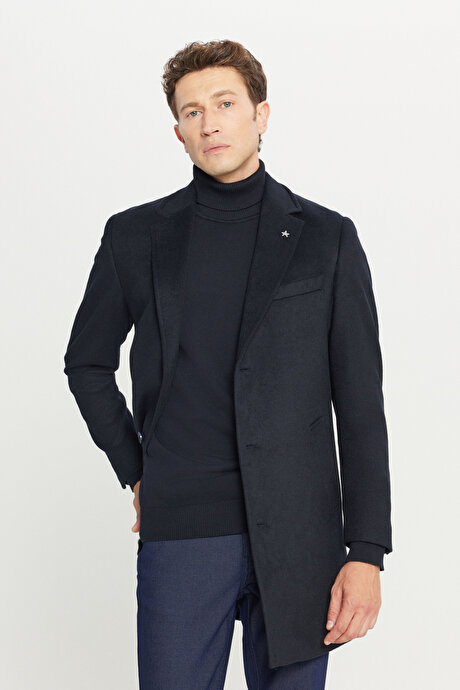 Yünlü Standart Fit Normal Kesim Geniş Mono Yaka Yan Cepli Lacivert Palto resmi