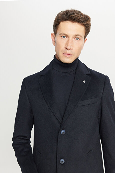 Yünlü Standart Fit Normal Kesim Geniş Mono Yaka Yan Cepli Lacivert Palto resmi