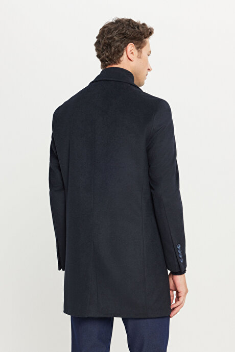 Yünlü Standart Fit Normal Kesim Geniş Mono Yaka Yan Cepli Lacivert Palto resmi
