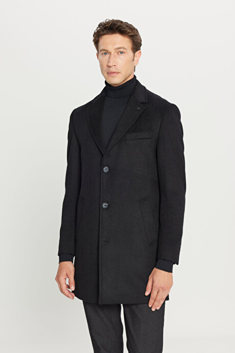 Yünlü Standart Fit Normal Kesim Geniş Mono Yaka Yan Cepli Siyah Palto resmi