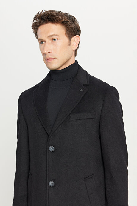 Yünlü Standart Fit Normal Kesim Geniş Mono Yaka Yan Cepli Siyah Palto resmi