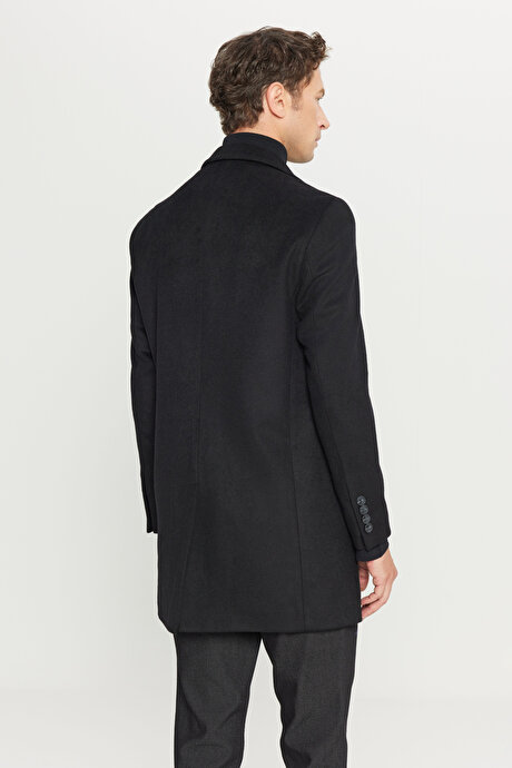 Yünlü Standart Fit Normal Kesim Geniş Mono Yaka Yan Cepli Siyah Palto resmi