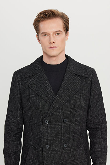 Yünlü Standart Fit Normal Kesim Geniş Kırlangıç Yaka Yan Cepli Ekose Siyah Palto resmi