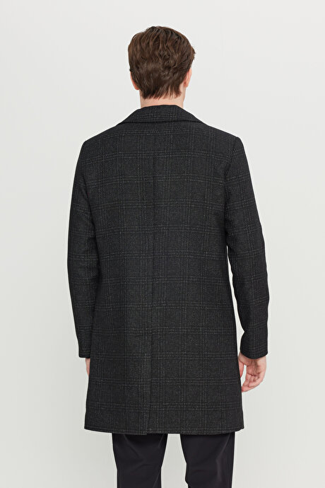 Yünlü Standart Fit Normal Kesim Geniş Kırlangıç Yaka Yan Cepli Ekose Siyah Palto resmi