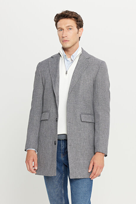 Standart Fit Normal Kesim Mono Yaka Desenli Kapak Cepli Antrasit Palto resmi