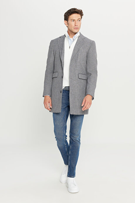 Standart Fit Normal Kesim Mono Yaka Desenli Kapak Cepli Antrasit Palto resmi