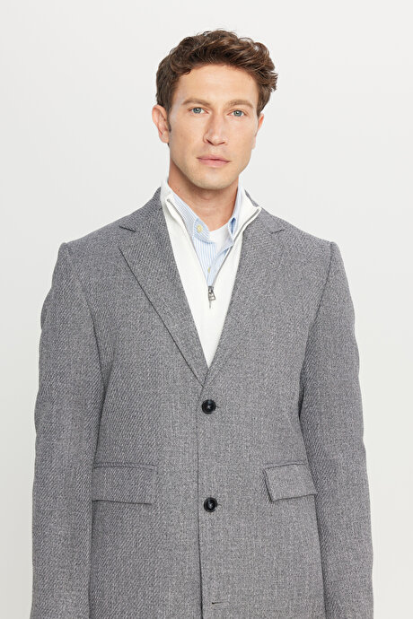 Standart Fit Normal Kesim Mono Yaka Desenli Kapak Cepli Antrasit Palto resmi