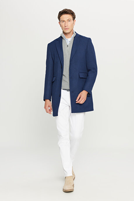 Standart Fit Normal Kesim Mono Yaka Desenli Kapak Cepli Lacivert Palto resmi