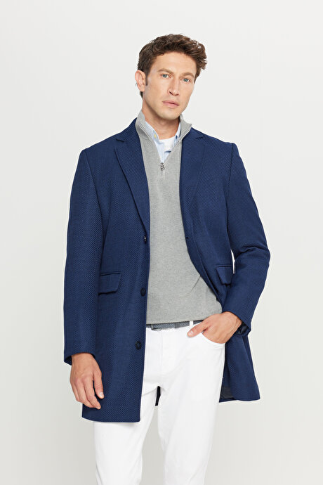 Standart Fit Normal Kesim Mono Yaka Desenli Kapak Cepli Lacivert Palto resmi