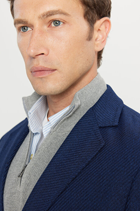 Standart Fit Normal Kesim Mono Yaka Desenli Kapak Cepli Lacivert Palto resmi