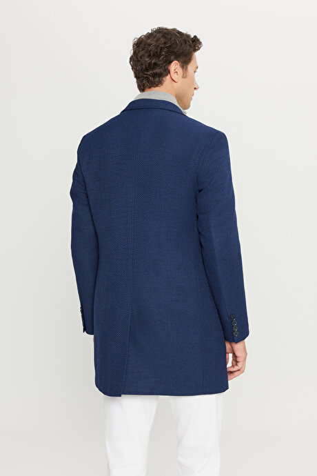 Standart Fit Normal Kesim Mono Yaka Desenli Kapak Cepli Lacivert Palto resmi