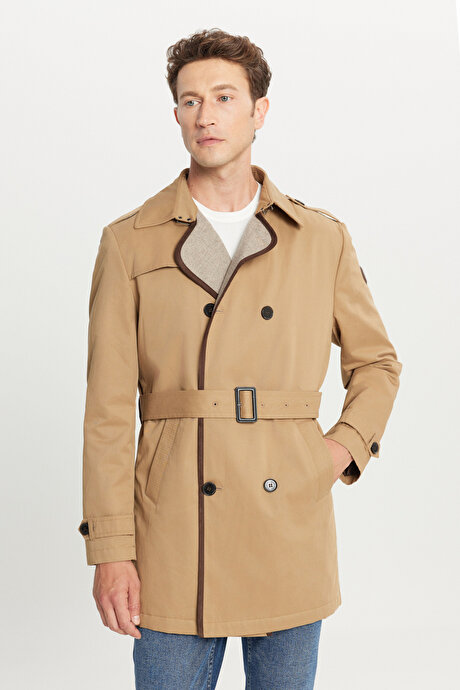 Pamuklu Standart Fit Normal Kesim Gömlek Yaka Yan Cepli Bej Trençkot resmi