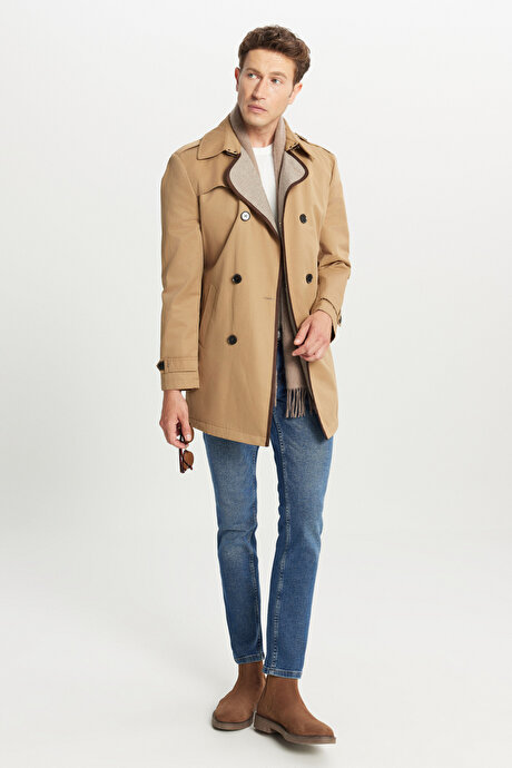 Pamuklu Standart Fit Normal Kesim Gömlek Yaka Yan Cepli Bej Trençkot resmi