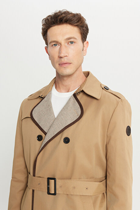 Pamuklu Standart Fit Normal Kesim Gömlek Yaka Yan Cepli Bej Trençkot resmi