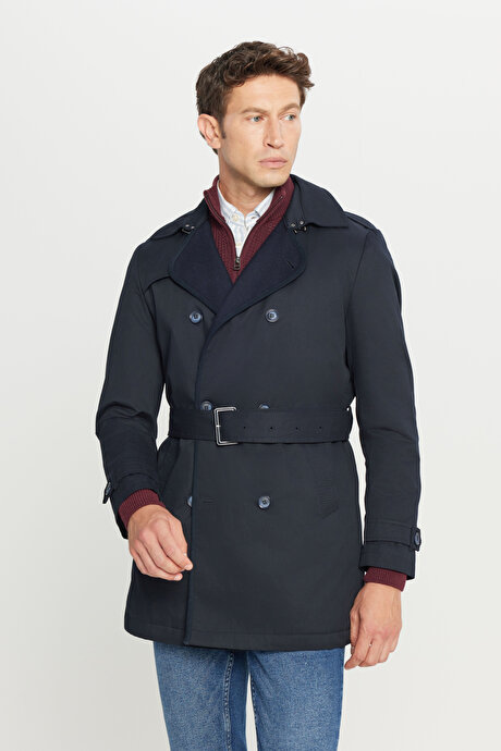 Pamuklu Standart Fit Normal Kesim Gömlek Yaka Yan Cepli Lacivert Trençkot resmi