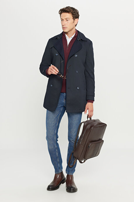 Pamuklu Standart Fit Normal Kesim Gömlek Yaka Yan Cepli Lacivert Trençkot resmi