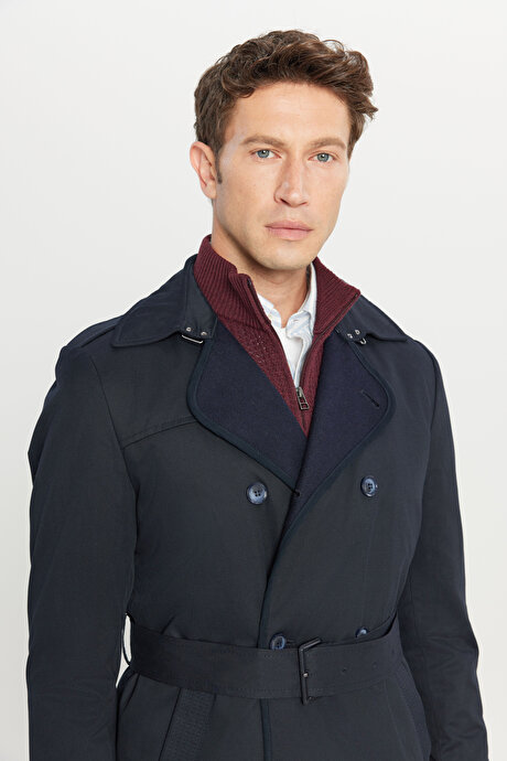 Pamuklu Standart Fit Normal Kesim Gömlek Yaka Yan Cepli Lacivert Trençkot resmi