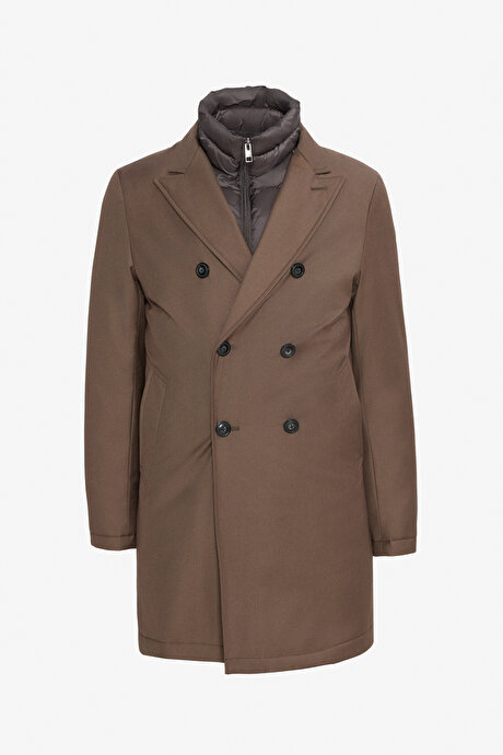 Standart Fit Normal Kesim Geniş Kırlangıç Yaka Yan Cepli Vizon Kaban resmi