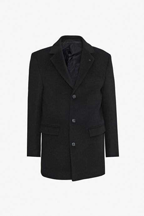 Yün Standart Fit Normal Kesim Mono Yaka Kapak Cepli Siyah Kaban resmi