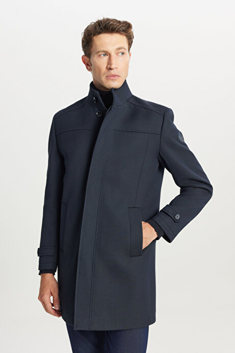 Yünlü Standart Fit Normal Kesim Dik Yaka Diagonal Desenli Yan Cepli Lacivert Kaban resmi