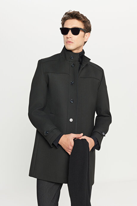 Yünlü Standart Fit Normal Kesim Dik Yaka Diagonal Desenli Yan Cepli Siyah Kaban resmi