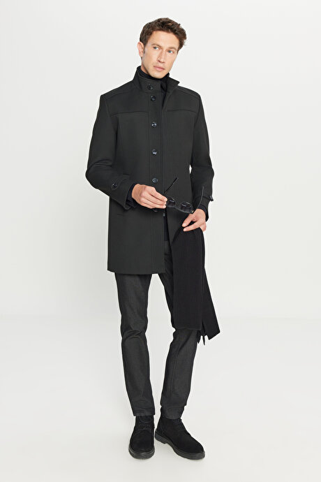 Yünlü Standart Fit Normal Kesim Dik Yaka Diagonal Desenli Yan Cepli Siyah Kaban resmi