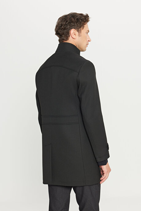 Yünlü Standart Fit Normal Kesim Dik Yaka Diagonal Desenli Yan Cepli Siyah Kaban resmi