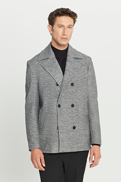 Kaşe Standart Fit Normal Kesim Mono Yaka Balıksırtı Desenli Yan Cepli Antrasit Kaban resmi