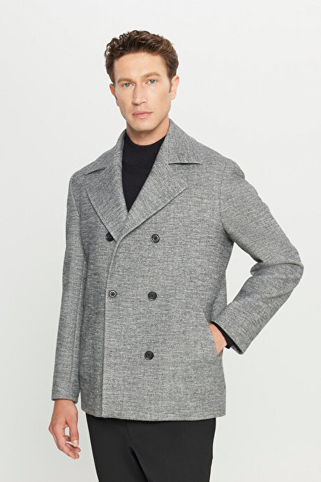 Kaşe Standart Fit Normal Kesim Mono Yaka Balıksırtı Desenli Yan Cepli Antrasit Kaban resmi